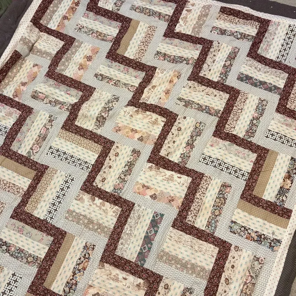 Vintage 1994 Handmade Patchwork Quilt Brown Geometric Rail Fence Twin XL 61x95